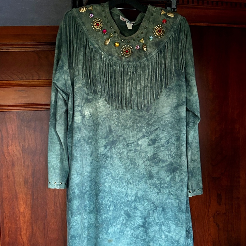 Visage Ladies Fashion  Dye Green Cotton,Beaded and Fringed at top, with Pants